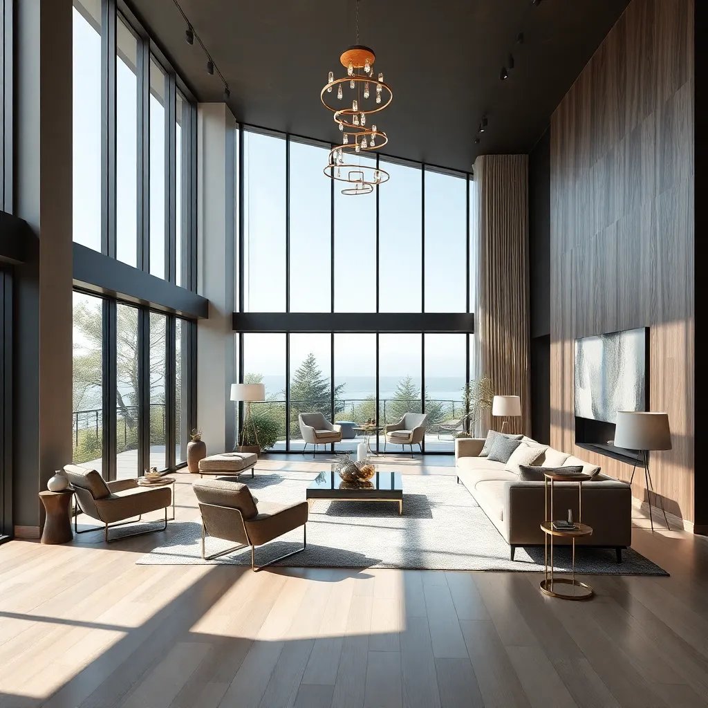 Modern luxury living room with floor-to-ceiling windows, contemporary furniture, and elegant lighting fixtures