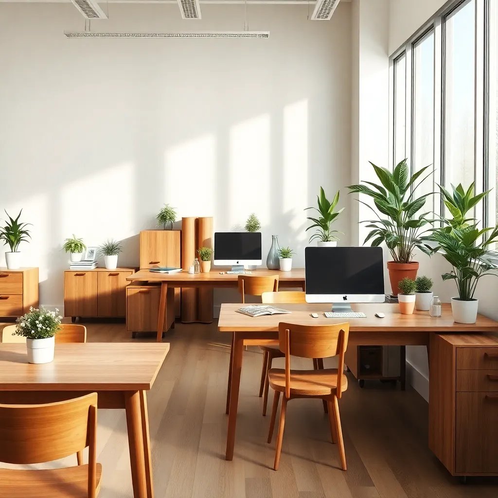 Minimalist office space with wooden furniture, potted plants, and natural lighting creating a productive work environment