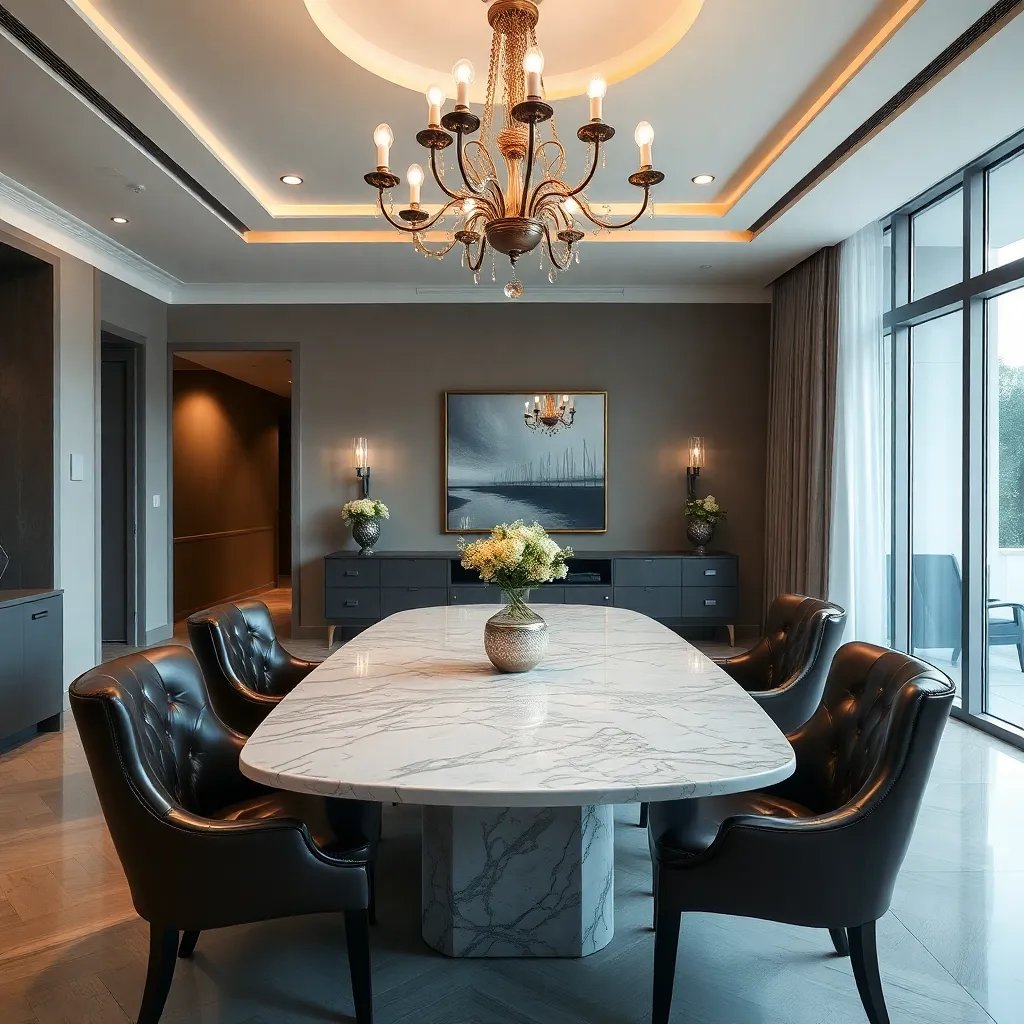 Elegant dining area with a chandelier, marble table, and leather chairs in a high-end residential interior